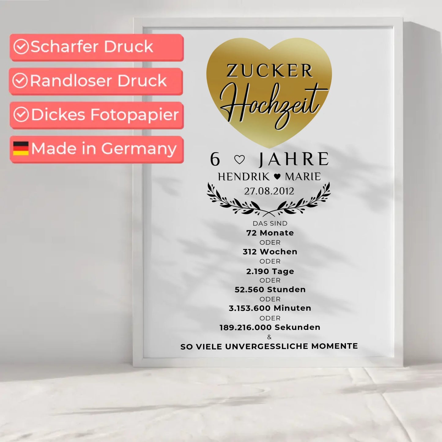 Personalisiertes Poster 6 Hochzeitstag Geschenk Zuckerhochzeit