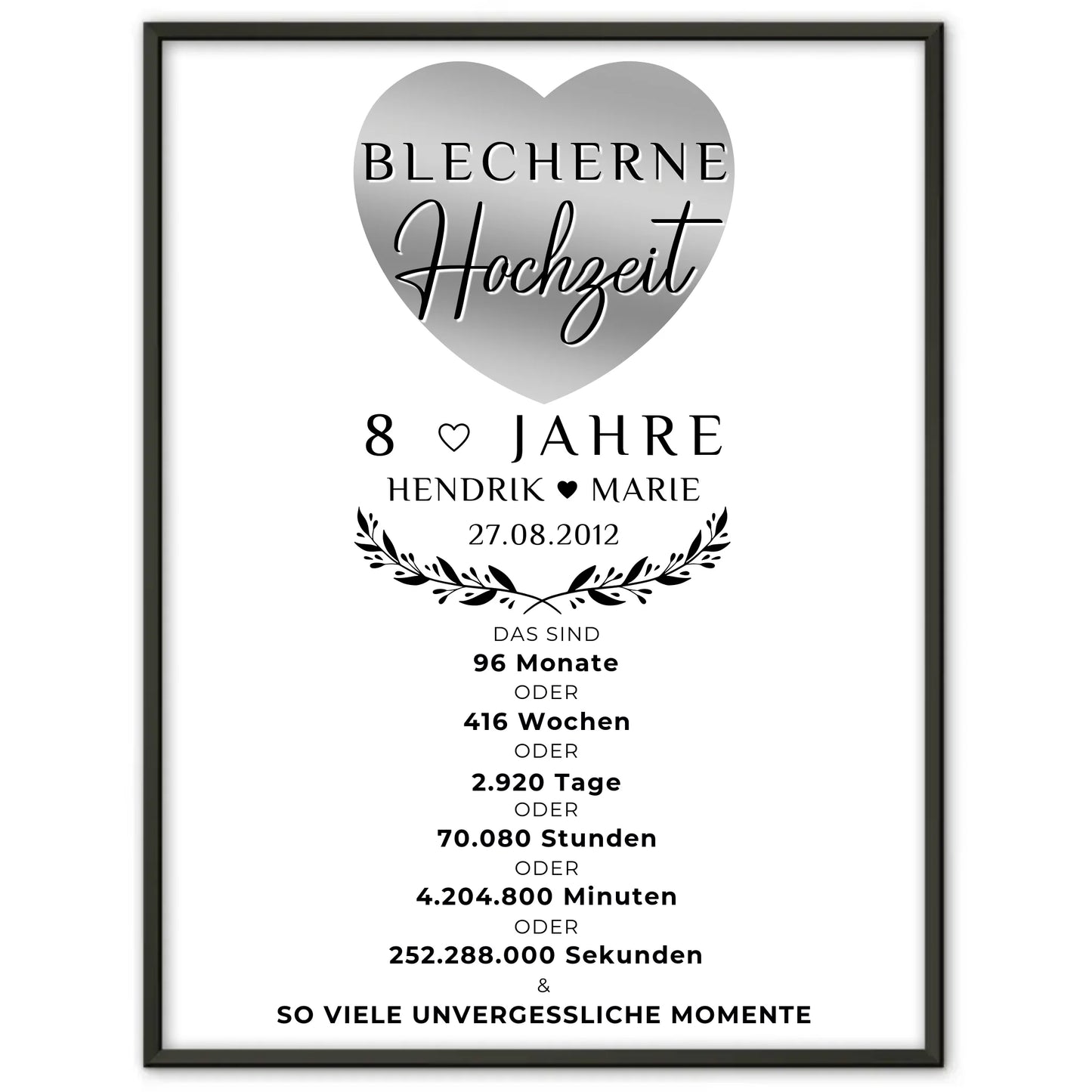 Personalisiertes Poster zum 8 Hochzeitstag Geschenk für Blecherne Hochzeit