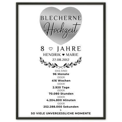 Personalisiertes Poster zum 8 Hochzeitstag Geschenk für Blecherne Hochzeit