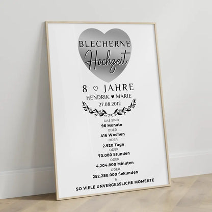 Personalisiertes Poster zum 8 Hochzeitstag Geschenk für Blecherne Hochzeit