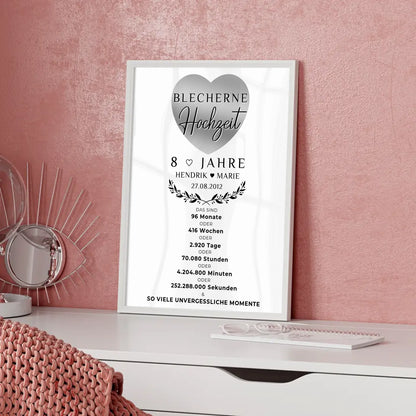 Personalisiertes Poster zum 8 Hochzeitstag Geschenk für Blecherne Hochzeit