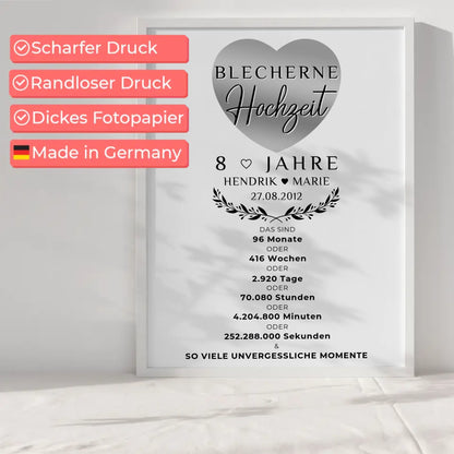 Personalisiertes Poster zum 8 Hochzeitstag Geschenk für Blecherne Hochzeit