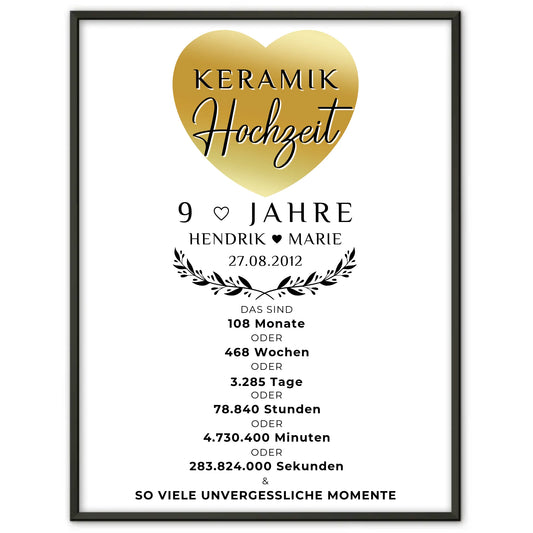Personalisiertes Poster zum 9 Hochzeitstag Geschenk für Keramikhochzeit