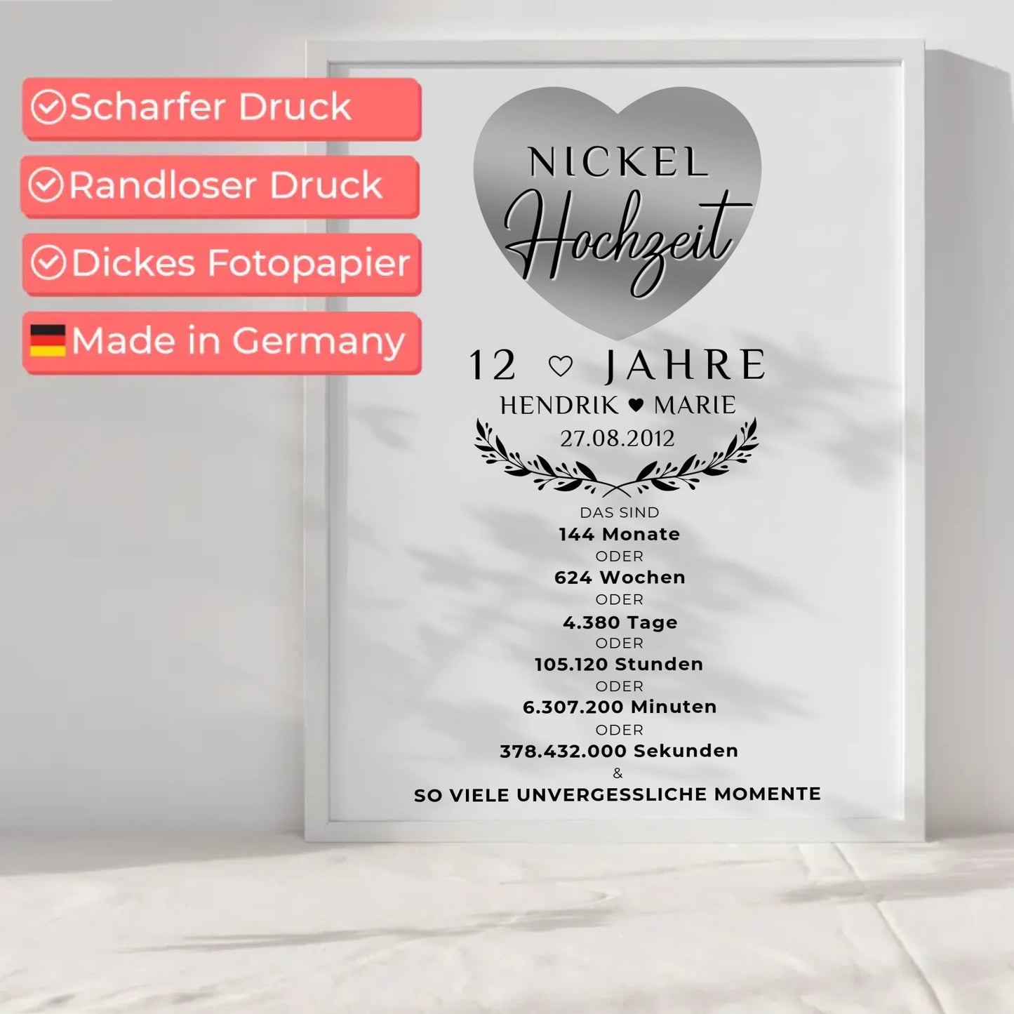 Personalisiertes Poster 12 Hochzeitstag Geschenk Nickelhochzeit