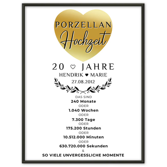Personalisiertes Poster 20 Hochzeitstag Geschenk Porzellanhochzeit