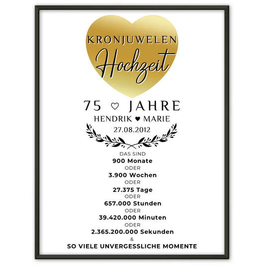 Personalisiertes Poster 75 Hochzeitstag Geschenk Kronjuwelenhochzeit