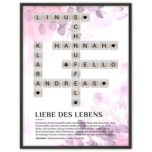 Personalisiertes Poster Definition Liebe des Lebens Kreuzworträtsel