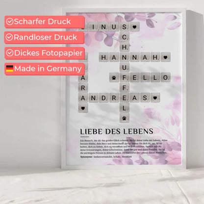 Personalisiertes Poster Definition Liebe des Lebens Kreuzworträtsel