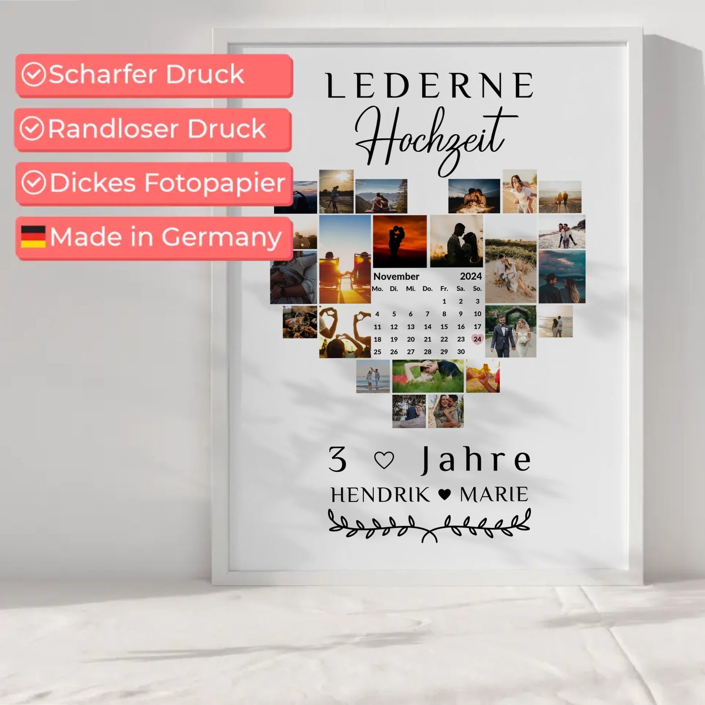 Poster mit Kalender zum 3 Hochzeitstag Geschenk für Lederne Hochzeit