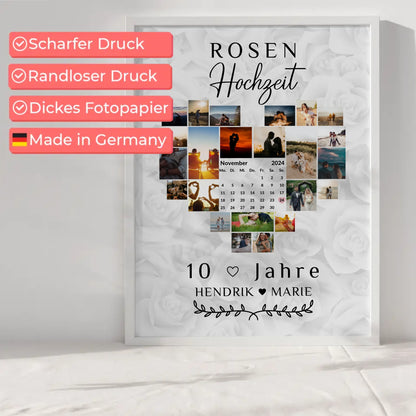 Poster mit Kalender zum 10 Hochzeitstag Geschenk für Rosenhochzeit