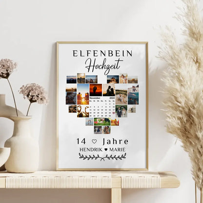 Poster mit Kalender 14 Hochzeitstag Geschenk Elfenbeinhochzeit