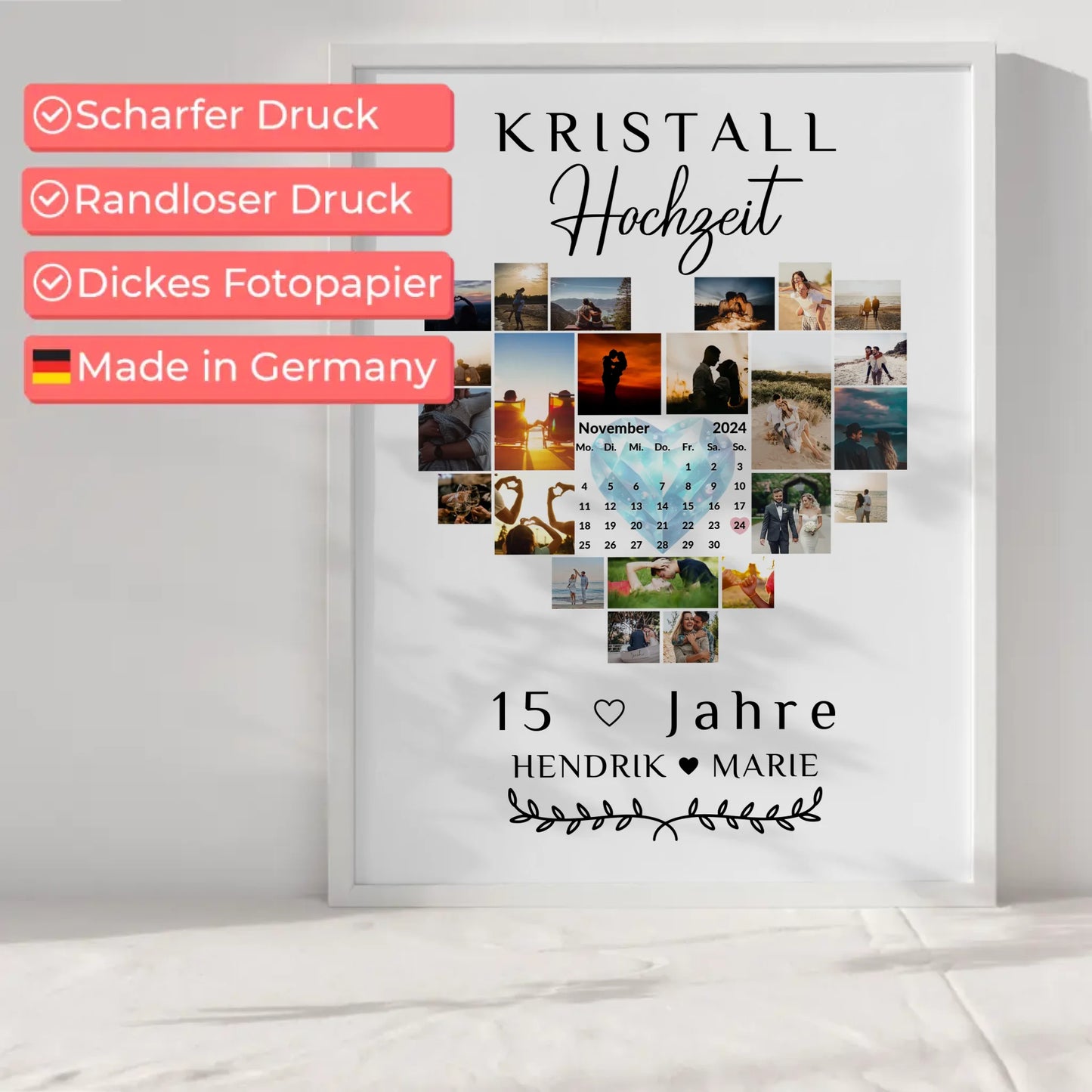 Poster mit Kalender 15 Hochzeitstag Geschenk zur Kristallhochzeit