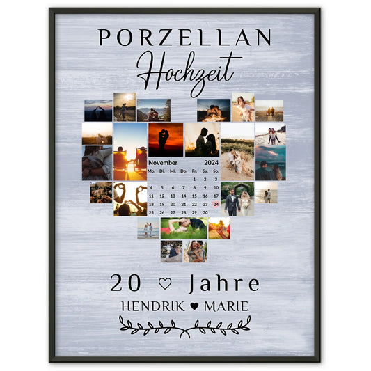 Poster mit Kalender 20 Hochzeitstag Geschenk für Porzellanhochzeit