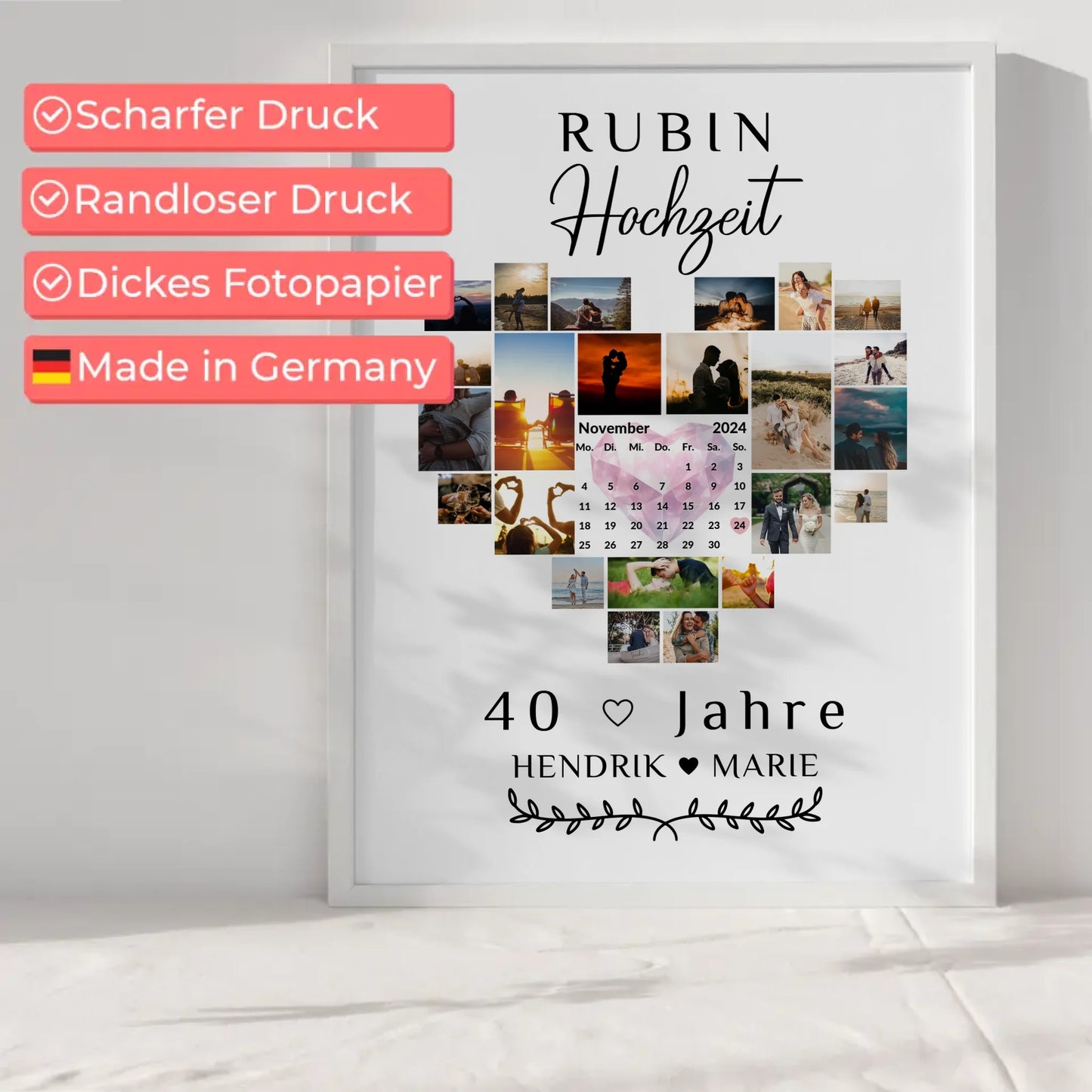 Poster mit Kalender 40 Hochzeitstag Geschenk für Rubinhochzeit