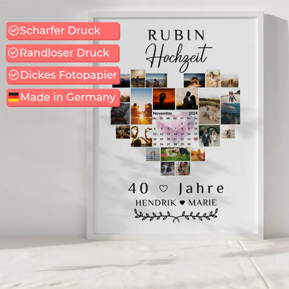 Poster mit Kalender 40 Hochzeitstag Geschenk für Rubinhochzeit