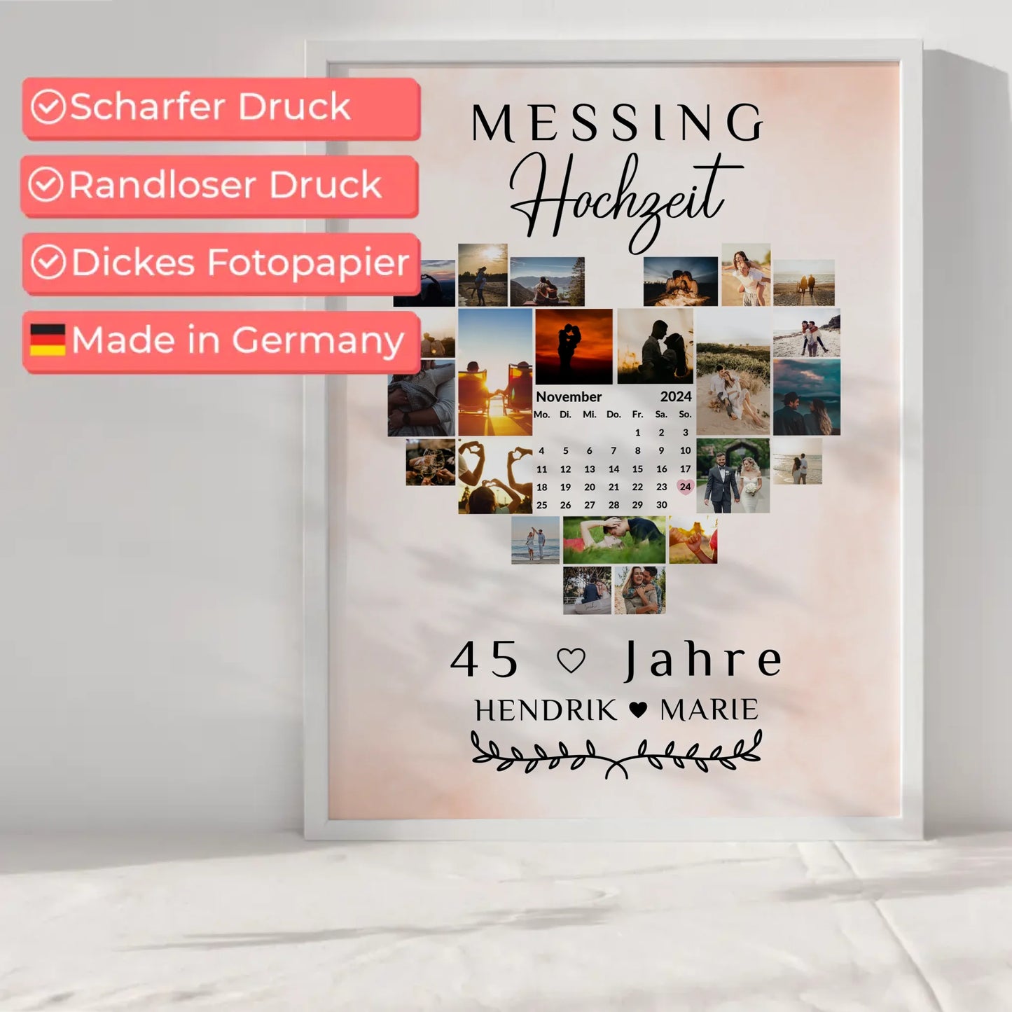 Poster mit Kalender für 45 Hochzeitstag Geschenk Messinghochzeit