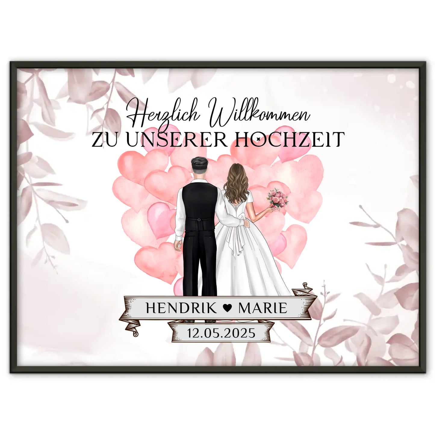 Willkommensschild Hochzeit mit Herz Ballons und Poster