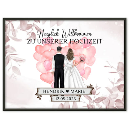 Willkommensschild Hochzeit mit Herz Ballons und Poster