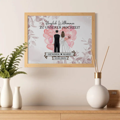 Willkommensschild Hochzeit mit Herz Ballons und Poster