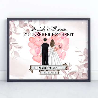 Willkommensschild Hochzeit mit Herz Ballons und Poster