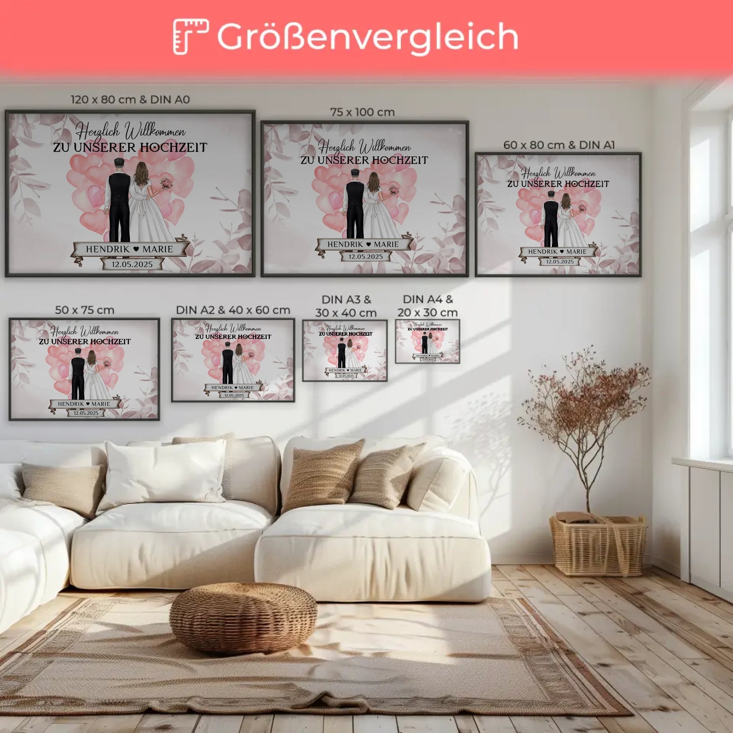 Willkommensschild Hochzeit mit Herz Ballons und Poster