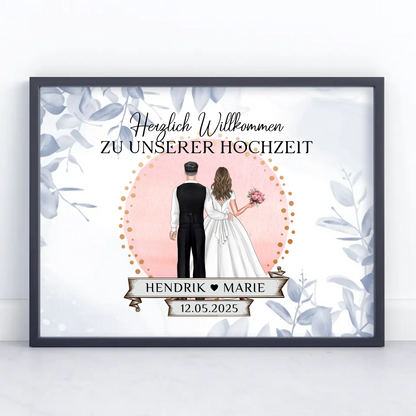 Willkommensschild Hochzeit Eucalyptus Blau Poster personalisiert