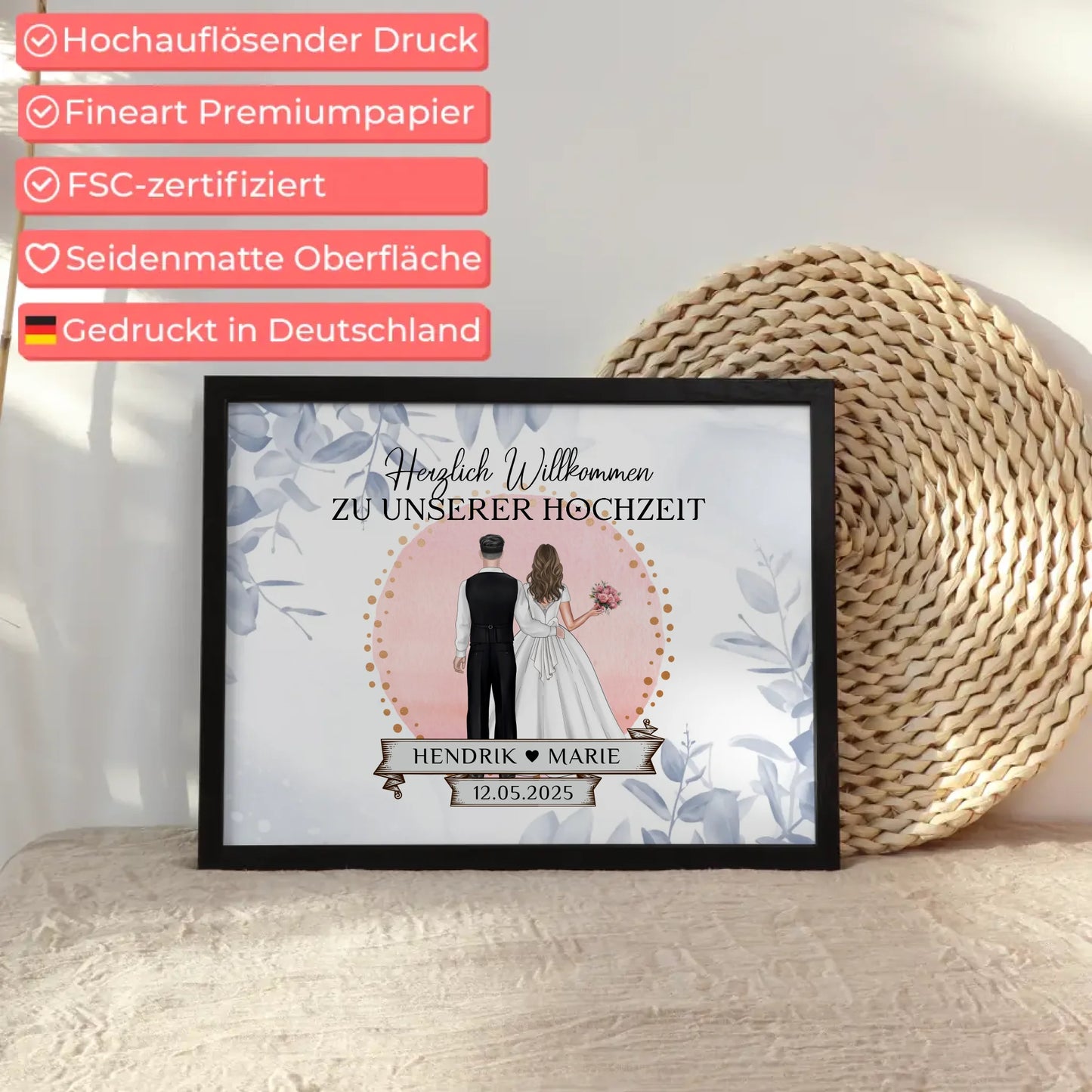 Willkommensschild Hochzeit Eucalyptus Blau Poster personalisiert