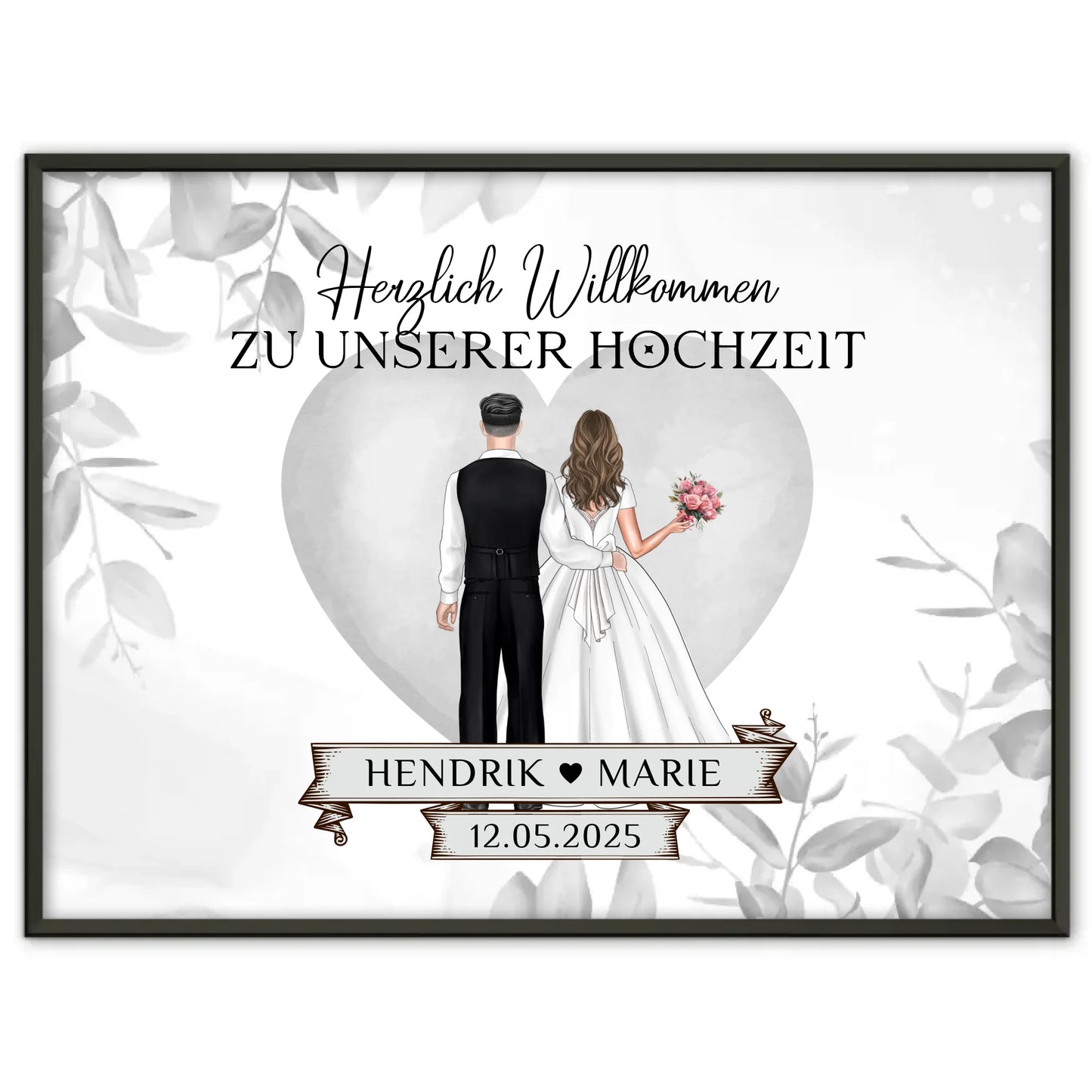 Poster Hochzeit Herzlich Willkommen Eukalyptus Floral Schwarz Weiß