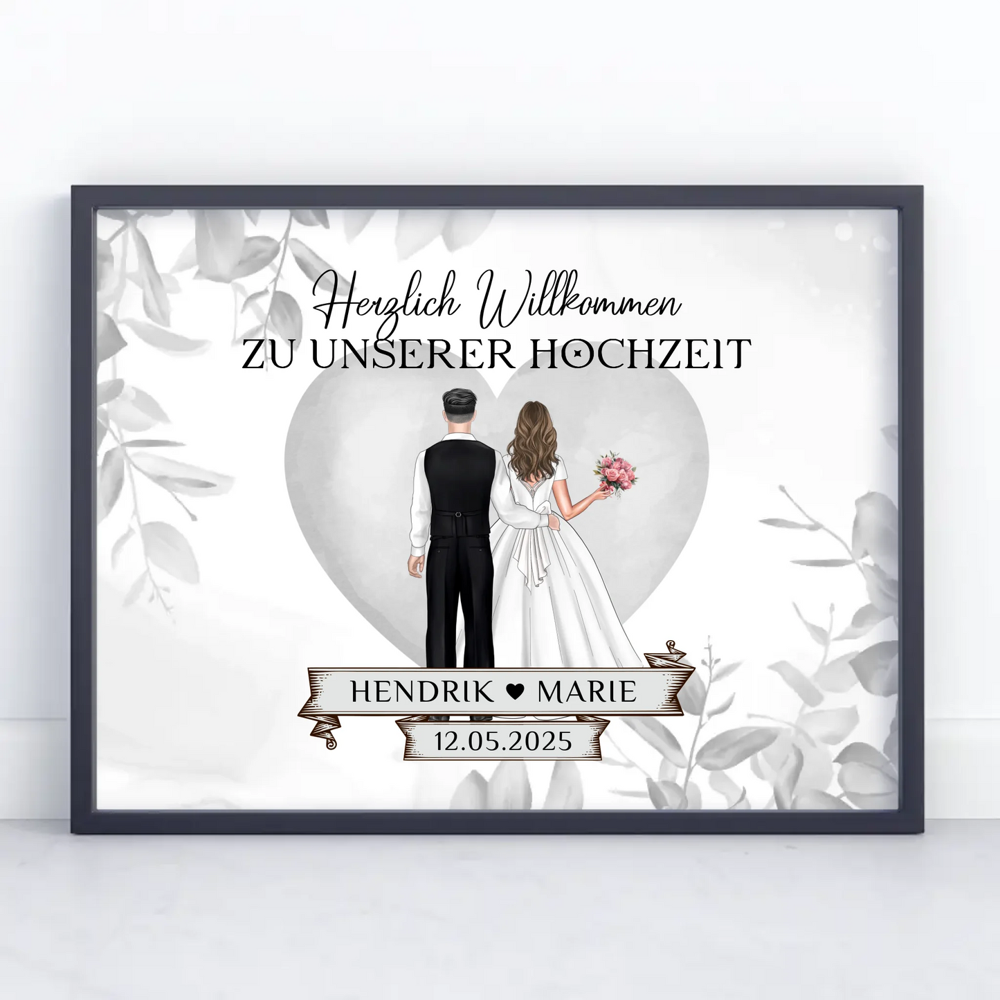 Poster Hochzeit Herzlich Willkommen Eukalyptus Floral Schwarz Weiß