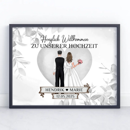Poster Hochzeit Herzlich Willkommen Eukalyptus Floral Schwarz Weiß