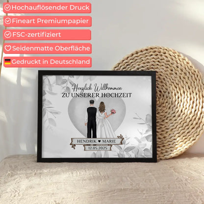 Poster Hochzeit Herzlich Willkommen Eukalyptus Floral Schwarz Weiß