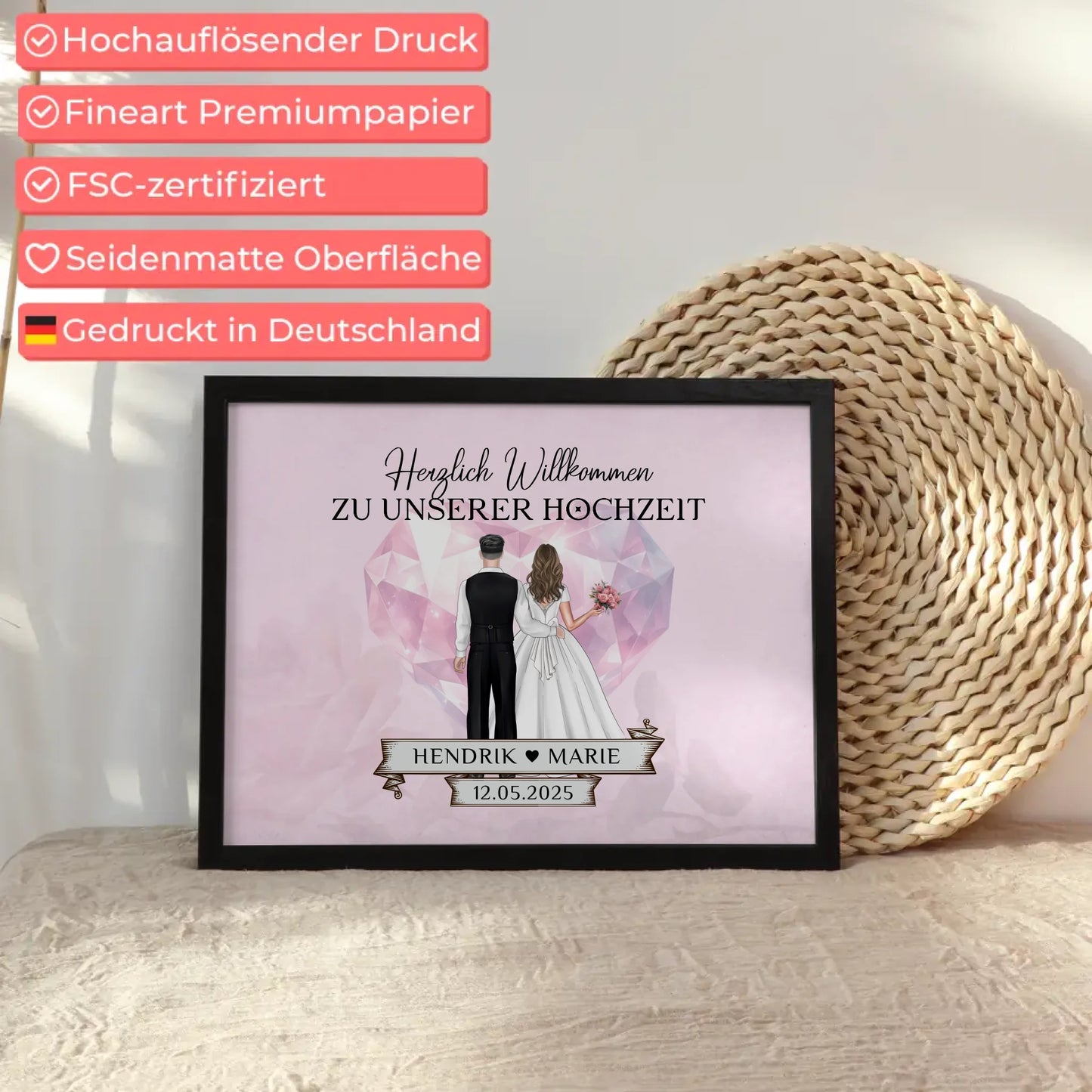 Hochzeit Willkommensschild Diamant Herz Poster personalisiert