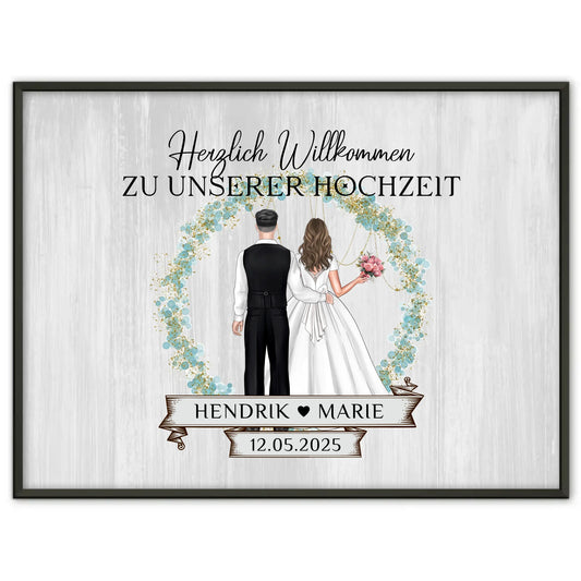 Poster Hochzeit Herzlich Willkommen Holz Stil mit Namen kreativ
