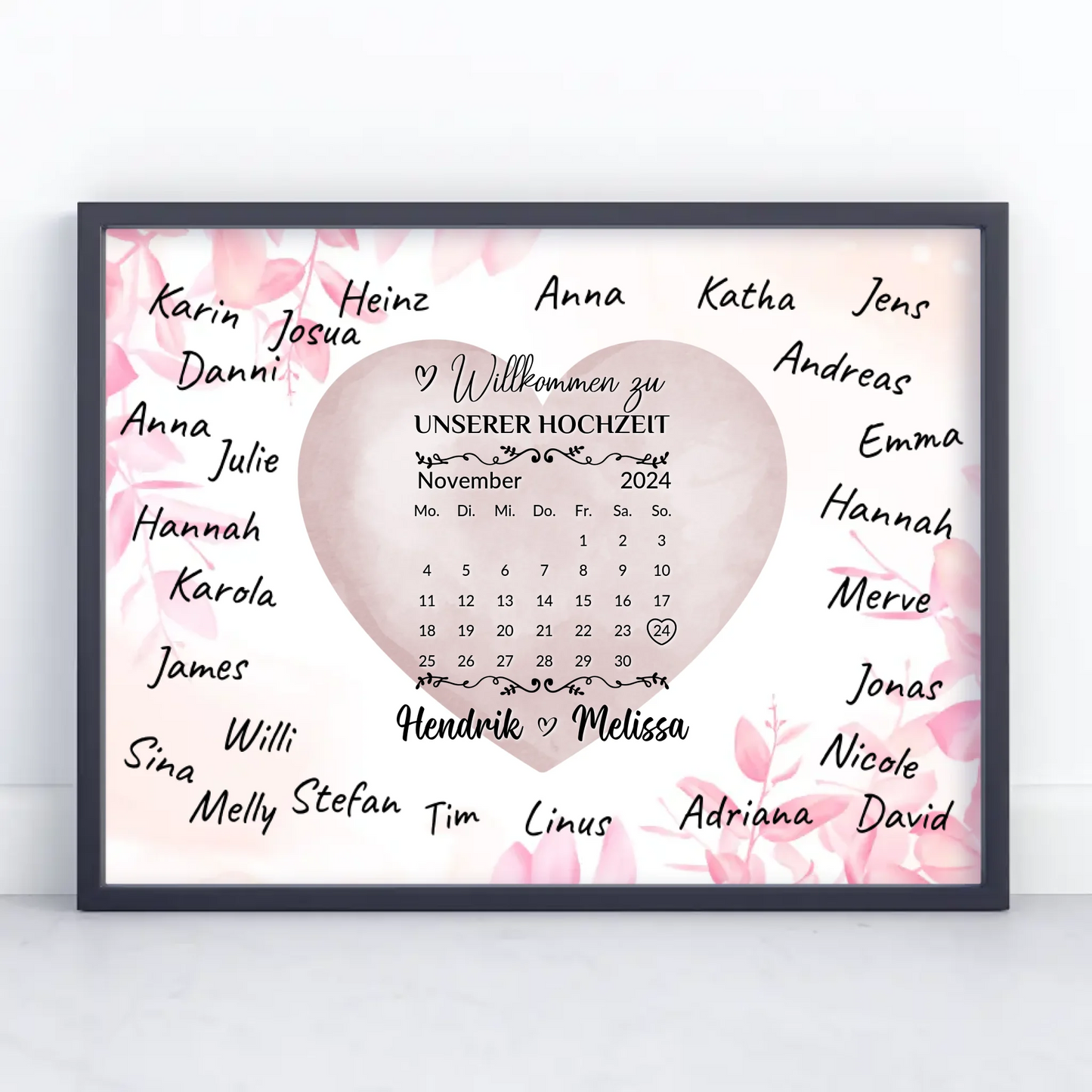 Willkommensschild Hochzeit für Unterschriften Farbklecks Herz