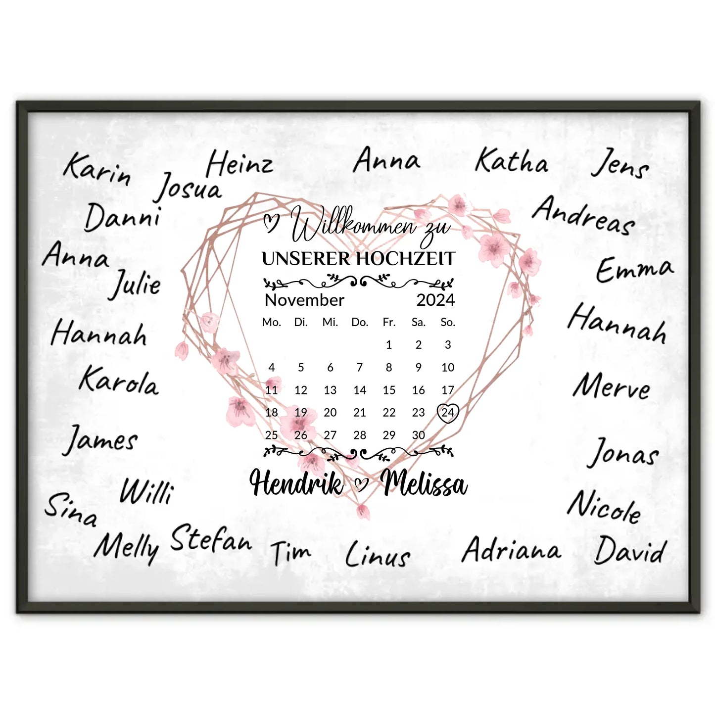 Willkommensposter Hochzeit für eigene Unterschriften Herz Kranz