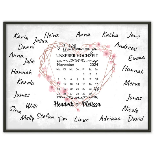 Willkommensposter Hochzeit für eigene Unterschriften Herz Kranz