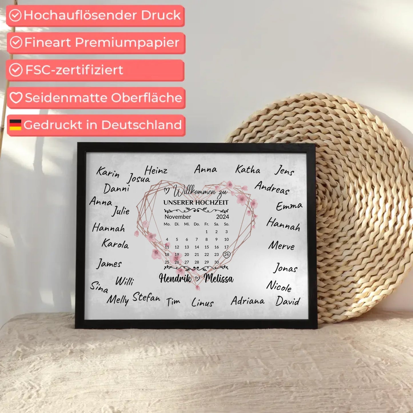 Willkommensposter Hochzeit für eigene Unterschriften Herz Kranz