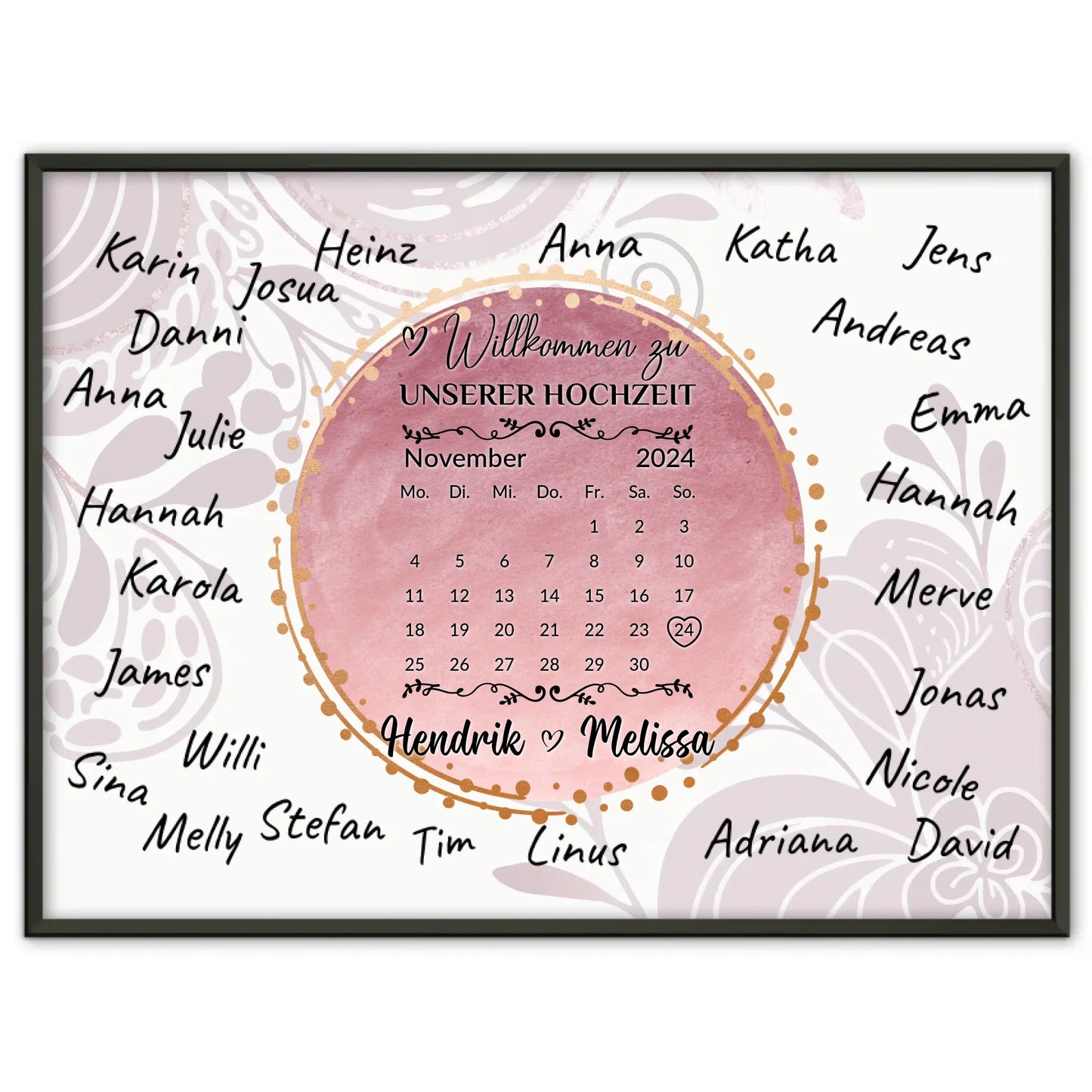 Poster Hochzeit Herzlich Willkommen für eigene Unterschriften Rosa Aquarell