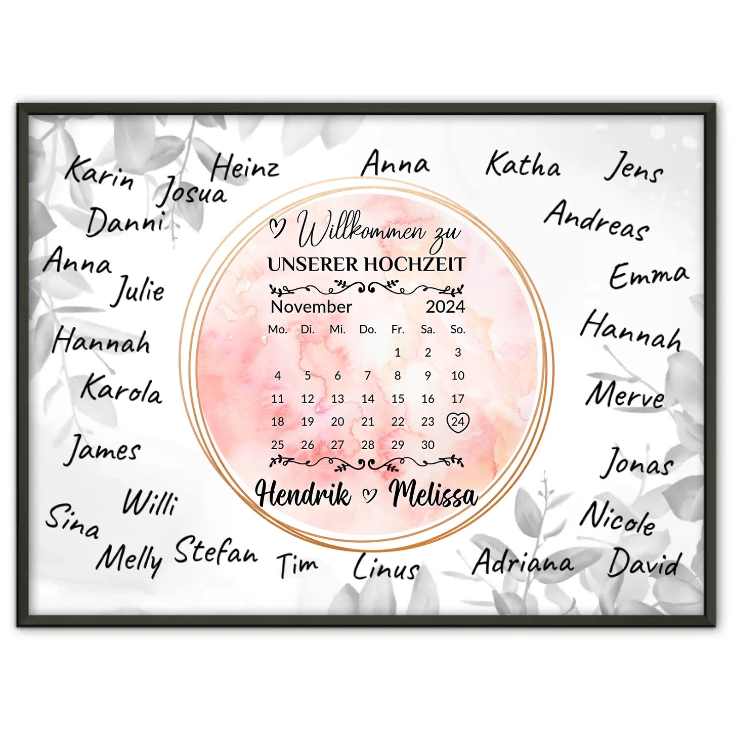 Willkommensschild Hochzeit Aquarell Kranz für Unterschriften