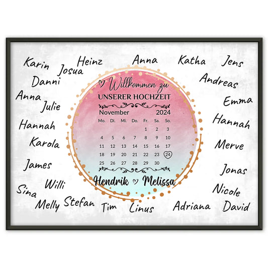 Willkommensposter Hochzeit für eigene Unterschriften Farbklecks Blau