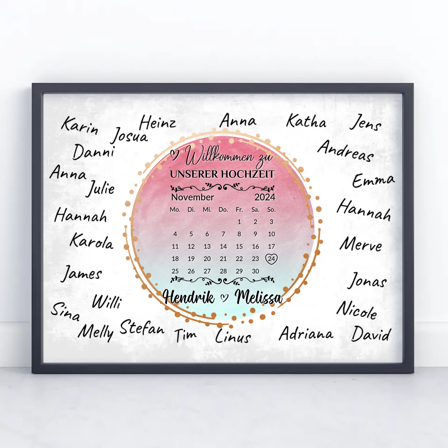 Willkommensposter Hochzeit für eigene Unterschriften Farbklecks Blau