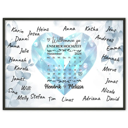 Poster Hochzeit Herzlich Willkommen Blue Diamond für Unterschriften