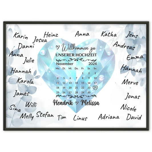 Poster Hochzeit Herzlich Willkommen Blue Diamond für Unterschriften