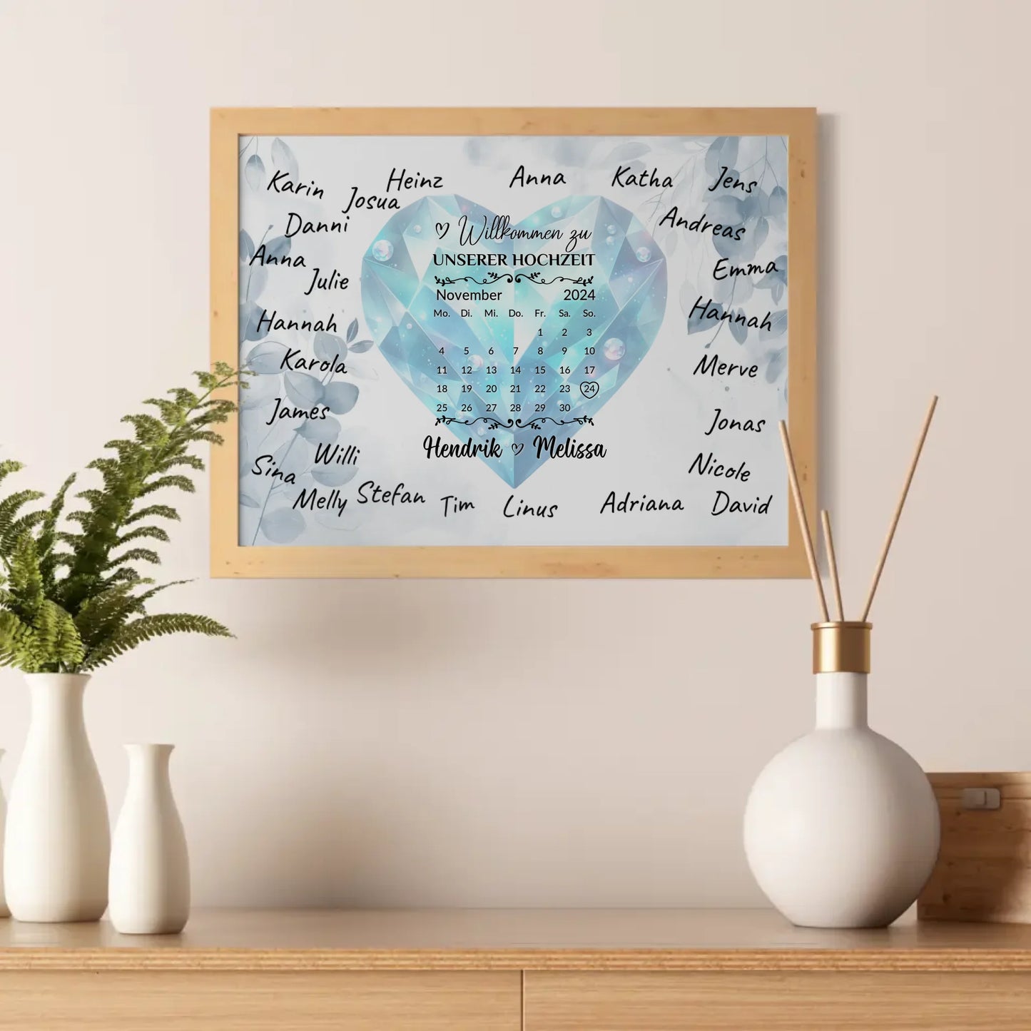 Poster Hochzeit Herzlich Willkommen Blue Diamond für Unterschriften