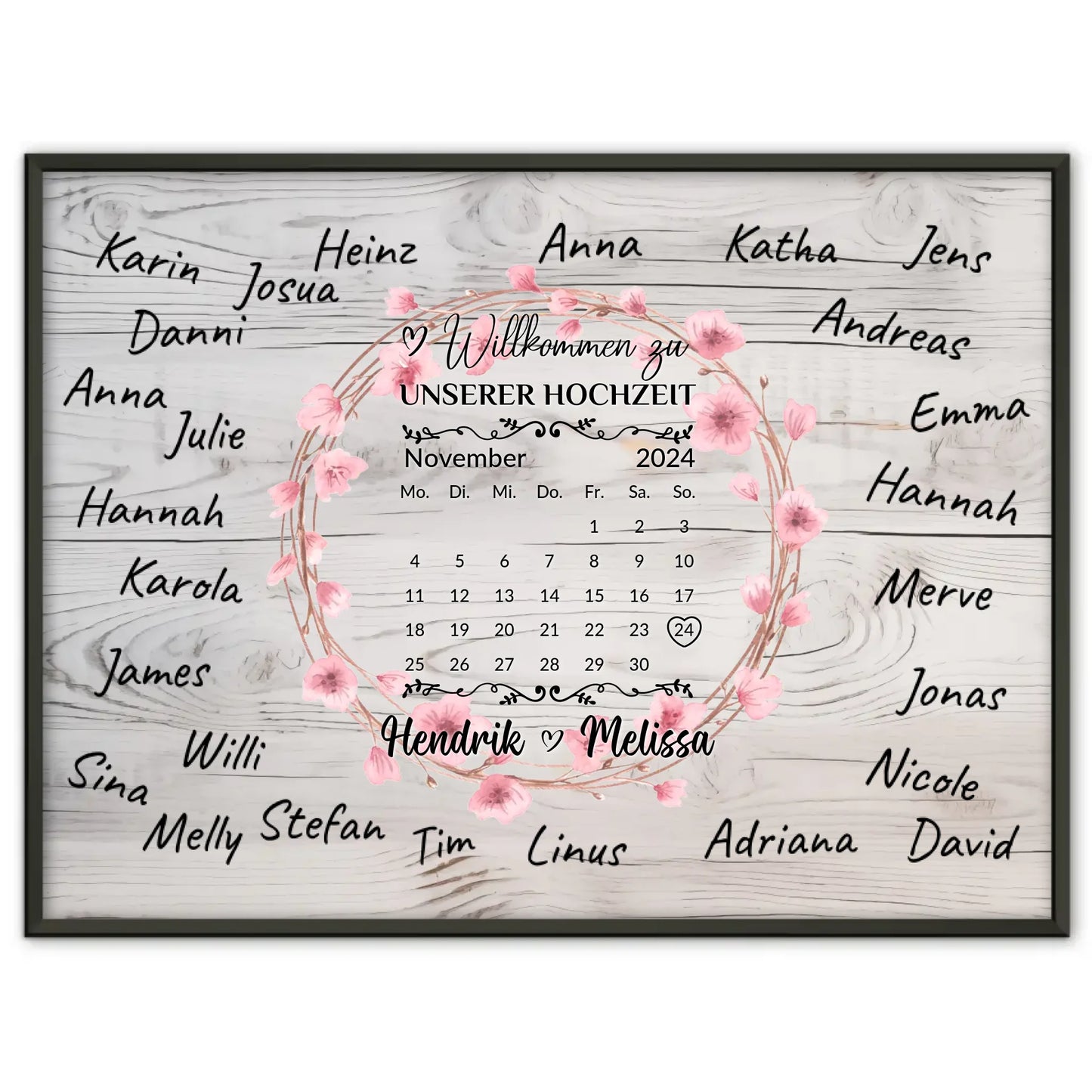Willkommensposter Hochzeit für eigene Unterschriften Blumenkranz