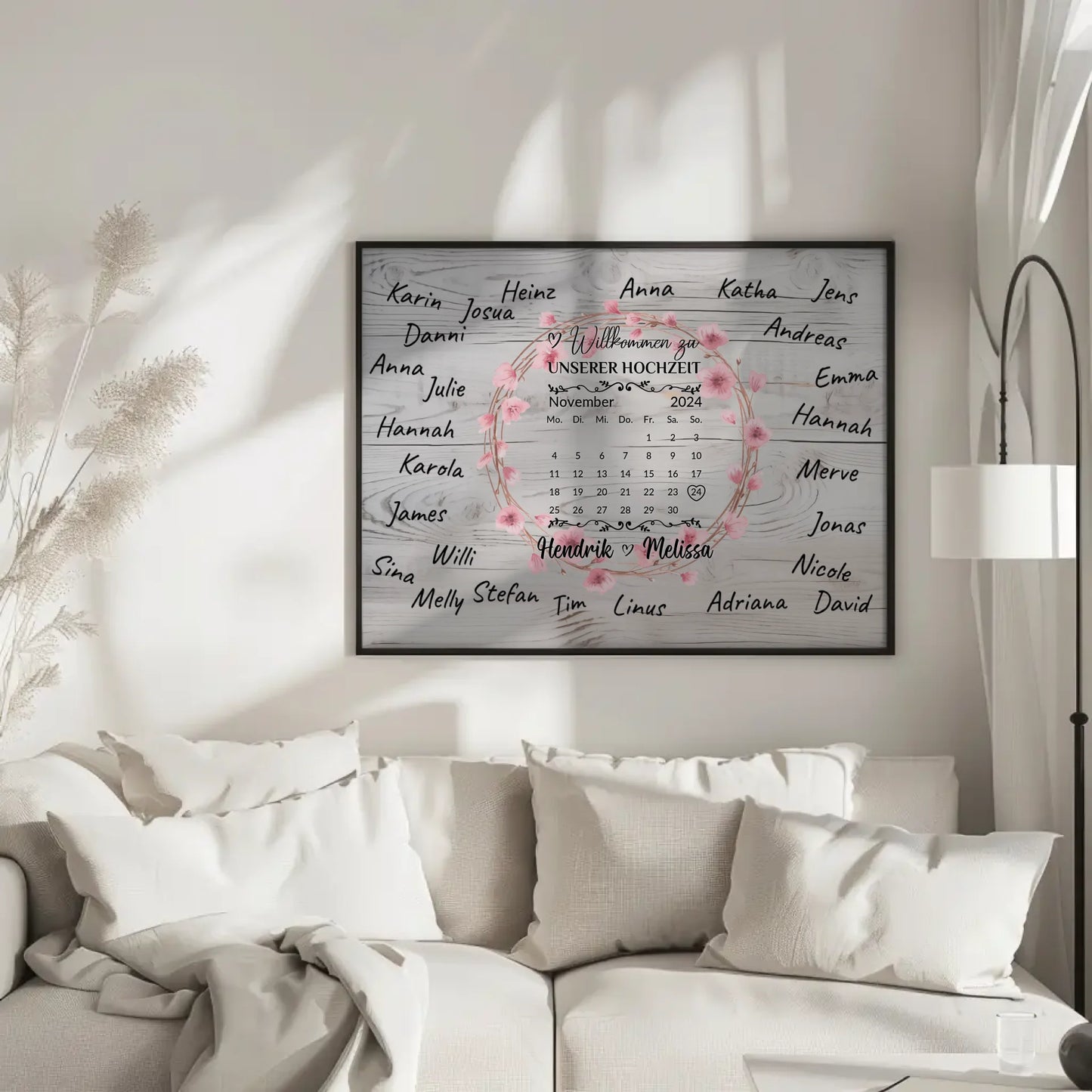 Willkommensposter Hochzeit für eigene Unterschriften Blumenkranz