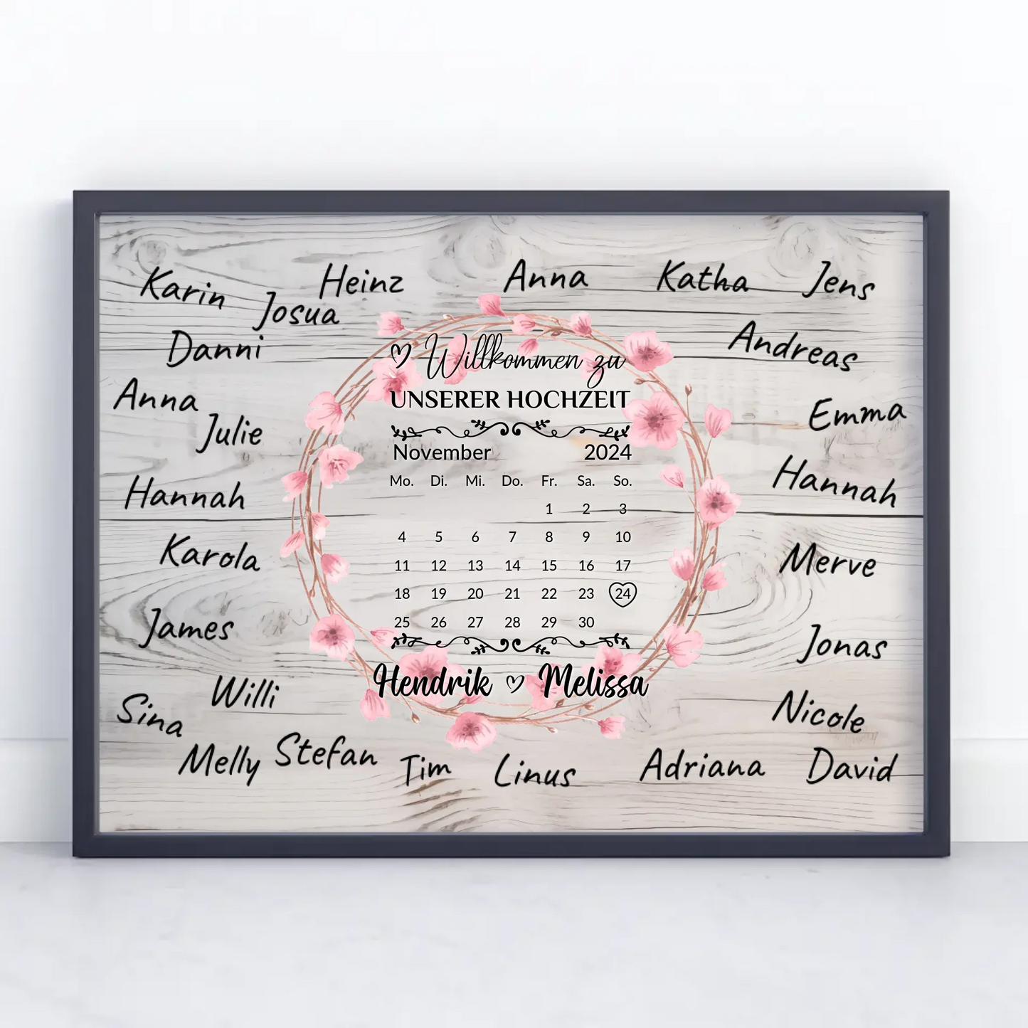 Willkommensposter Hochzeit für eigene Unterschriften Blumenkranz