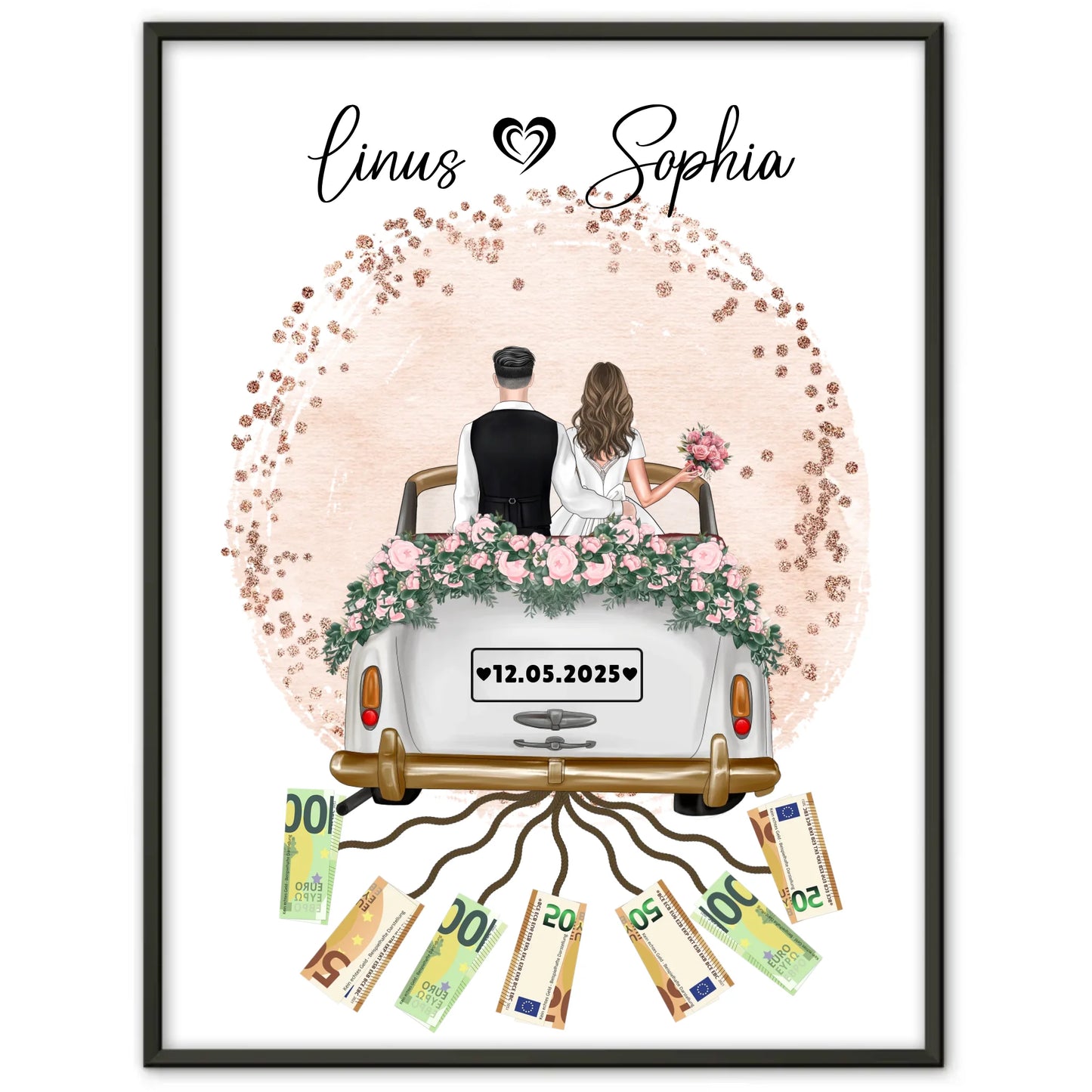 Personalisiertes Geschenk Hochzeit Poster Farbklecks Rose Geldscheine