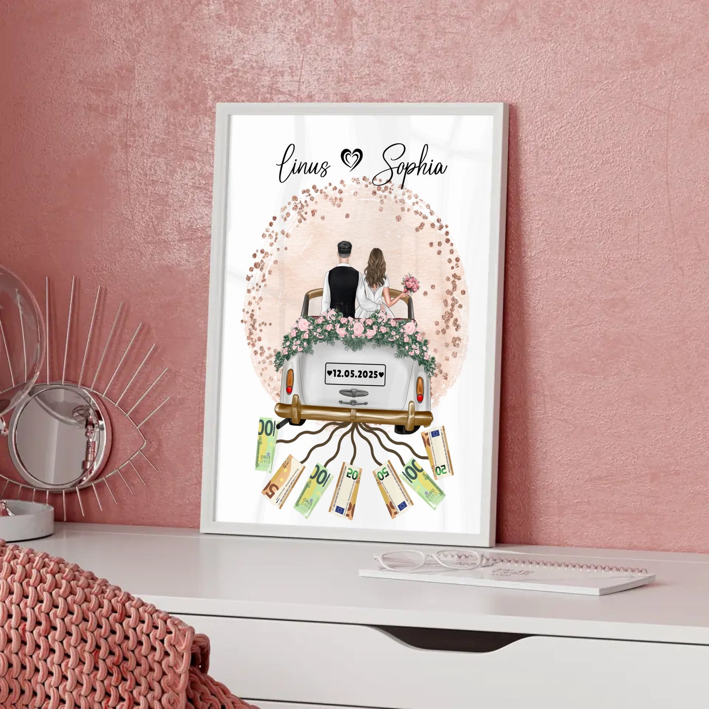 Personalisiertes Geschenk Hochzeit Poster Farbklecks Rose Geldscheine