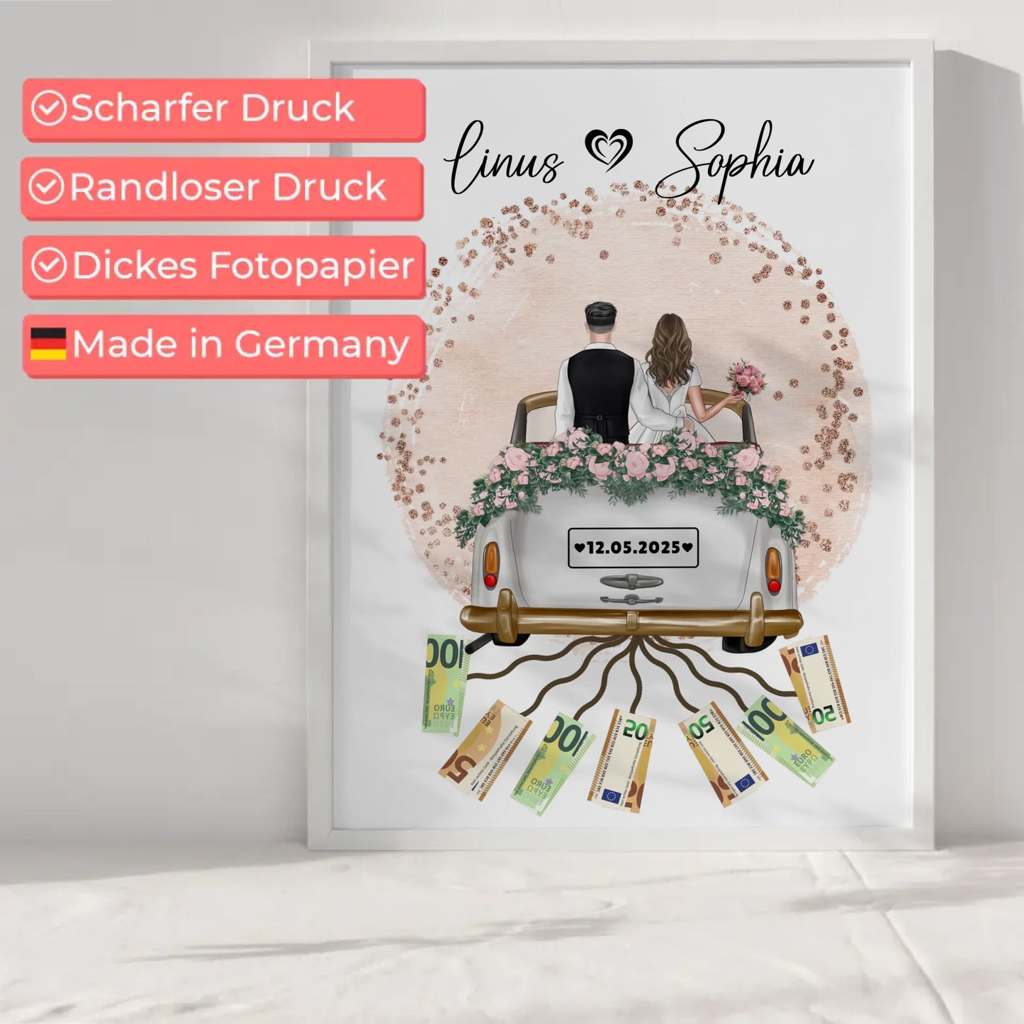 Personalisiertes Geschenk Hochzeit Poster Farbklecks Rose Geldscheine